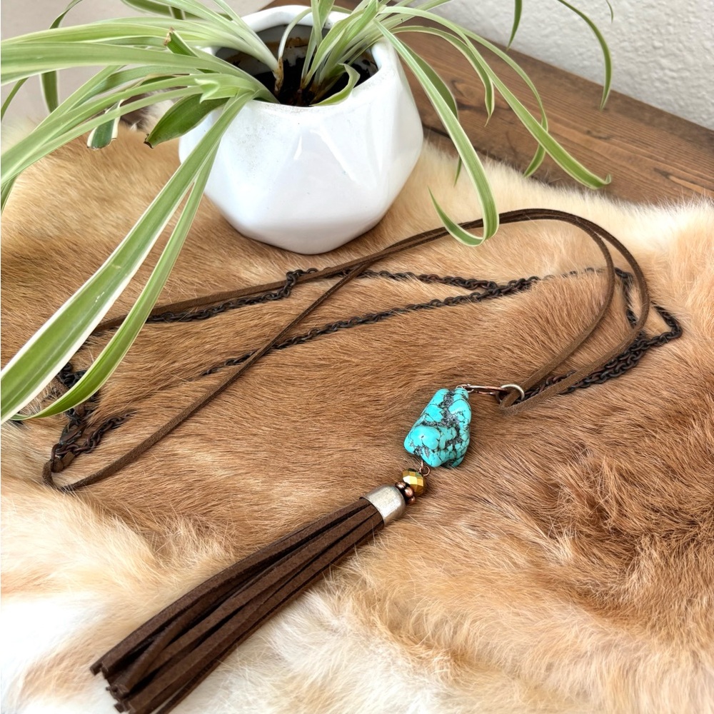 Turquoise and Brown Tassel Necklace